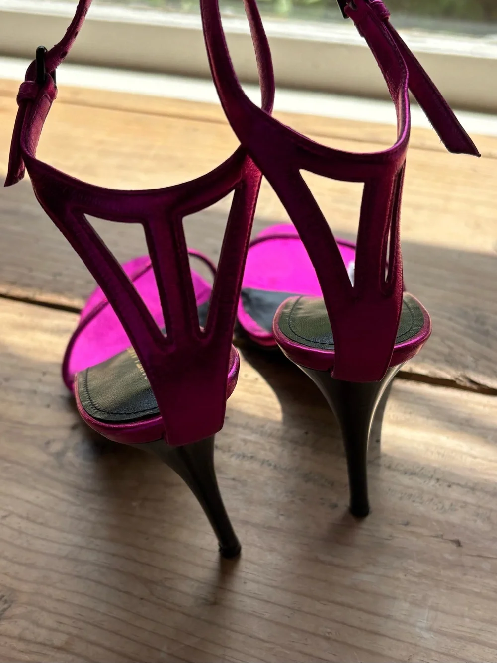 Saint Laurent Metallic Fuchsia Ankle-Strap Stiletto Sandals - Picture 13 of 13